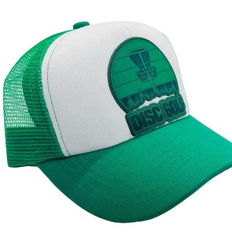 Disc Golf Leather Patch Hat Custom Trucker Hat Engraved Basket Wht/Kelly Green