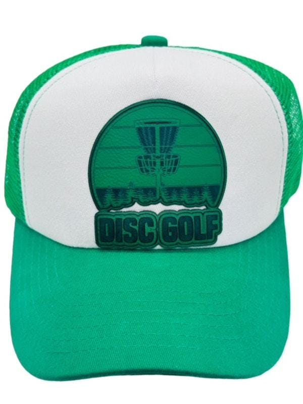 Disc Golf Leather Patch Hat Custom Trucker Hat Engraved Basket Wht/Kelly Green