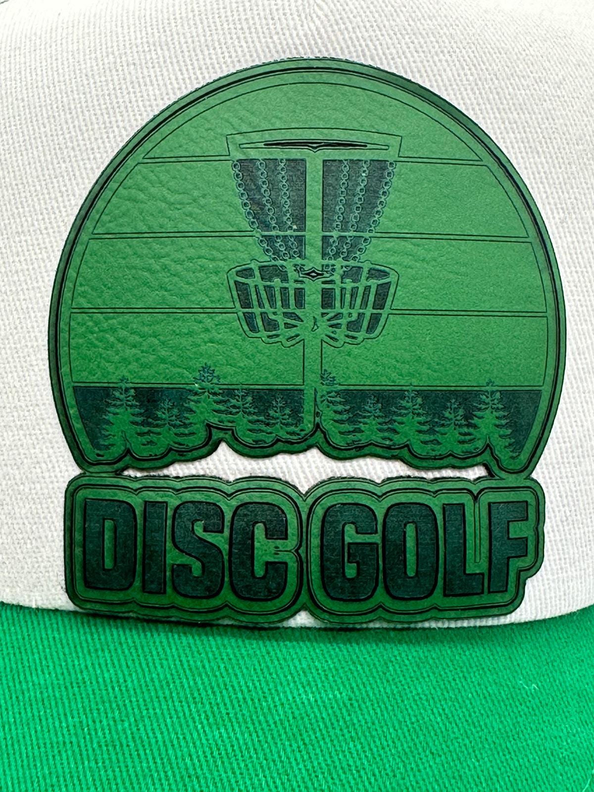 Disc Golf Leather Patch Hat Custom Trucker Hat Engraved Basket Wht/Kelly Green