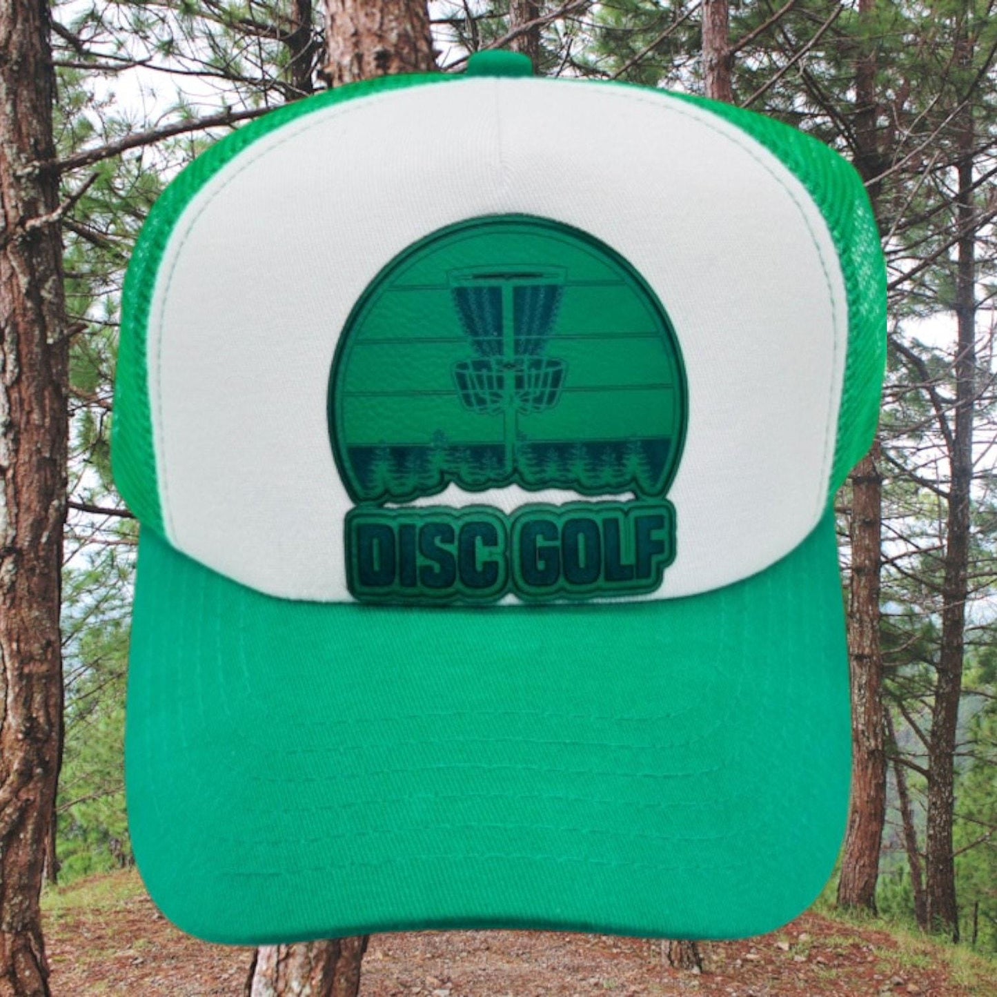 Disc Golf Leather Patch Hat Custom Trucker Hat Engraved Basket Wht/Kelly Green